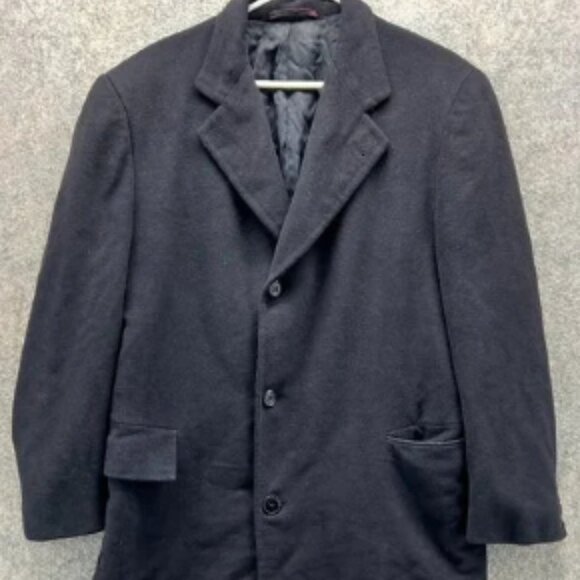 Saks Fifth Avenue Trench Coat Mens 42 Black Wool Classic Cashmere Vintage Jacket - Picture 1 of 10